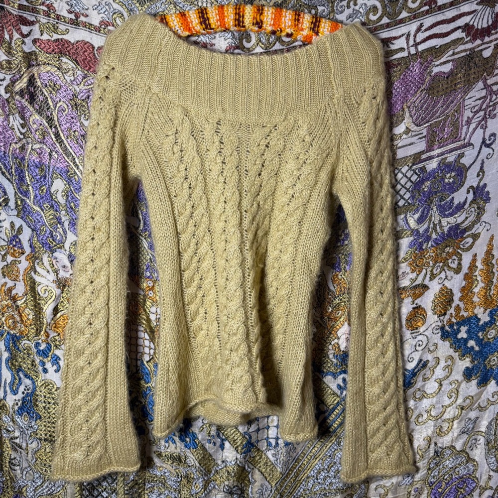 Y2K Gold Metallic Threaded Off the Shoulder Flare Sleeve Cable Knit Sweater